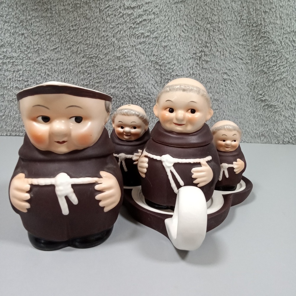 Vintage Goebel Friar‎ Tuck Monk Condiment Set W Germany Salt Pepper Mustard Tray